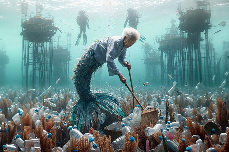 Niceaunties, Stillbild från : Auntlantis - Sweeping the Floor, 2024 AI Film, © Niceaunties