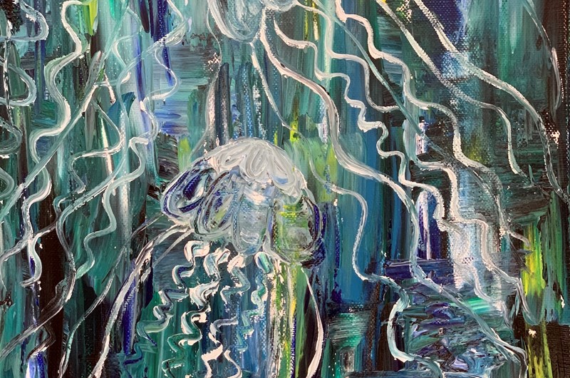 "The Elegant Dance of the Mystic Jelly Fish" - Olja på duk - 30 x 80cm