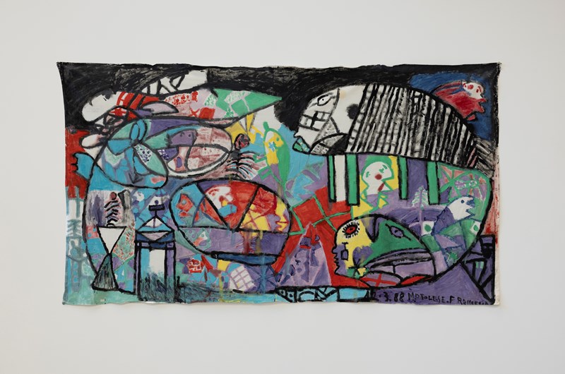 Francesco Motolese, Stor komposition, 1988, Tempera på duk, 142 x 264 cm. Foto: Adrian Bugge
