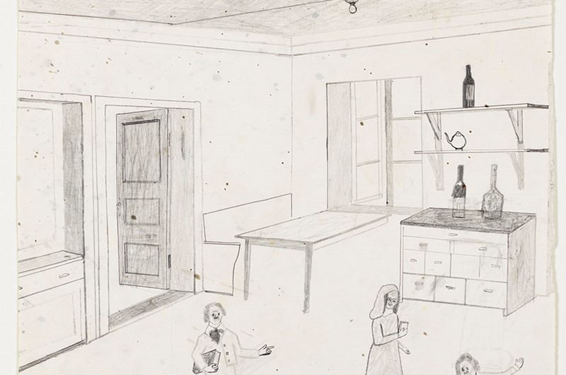 Jockum Nordström, I köket, 2021. Blyerts på papper. Foto: Per-Erik Adamsson
