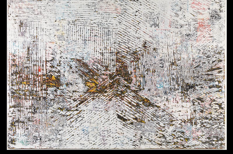 Mark Bradford  Playing with the Ocean's Ceiling, 2014  Paper and varnish on canvas, 259.1 × 365.8 cm  Louisiana Museum of Modern Art. Donation: Mr. & Mrs. Diamond and Mr. & Mrs. Braman  © Mark Bradford  Photo: Poul Buchard / Brøndum & Co., Louisiana Museum of Modern Art