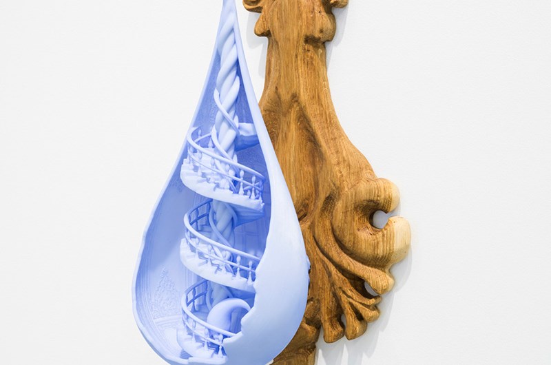Eetu Sihvonen, Mourning Dew I Mourning Dew I (”Ever upward, yet ne’er arrived”), 2024 Oak wood, 3D printed soy-based resin, paraffin oil, dye 80x26x23 cm