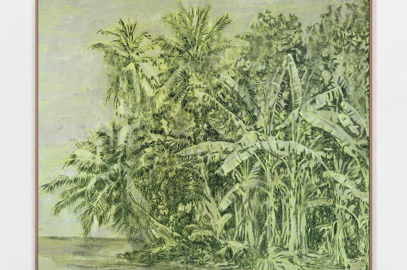 Ditte Ejlerskov, New Gynæan Yellow Syntax 9, 2026, tempera and posca pen on canvas, 105 x 120 cm, 2026