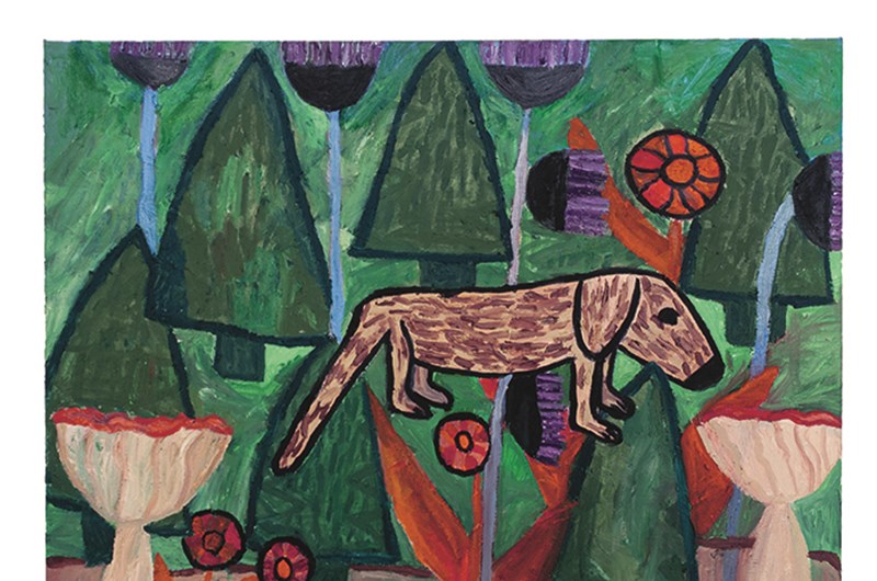 Eva Kerek, Hasse i skogen, olja på duk, från grupputställningen Lagom är inte bäst på Falsterbo Konsthall
