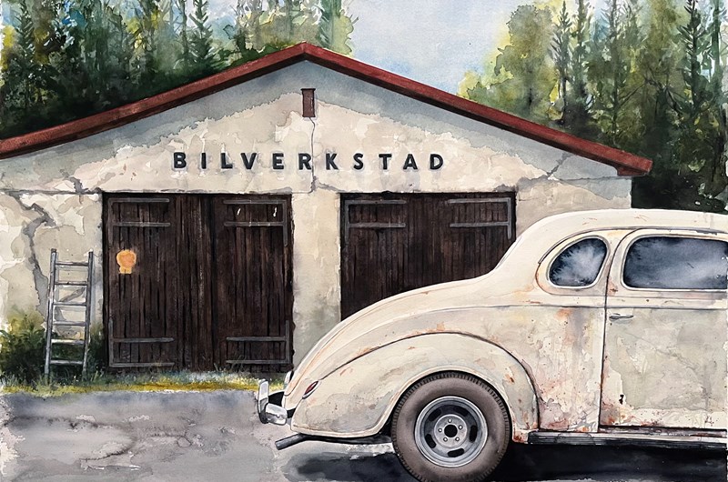 Verkstadsbesöket. Akvarell 76 x 56