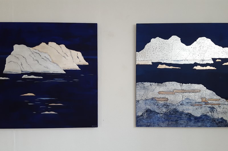 "Arkipelag I och II", 70 x 70 cm. vardera, akryl och bladsilver på pannå